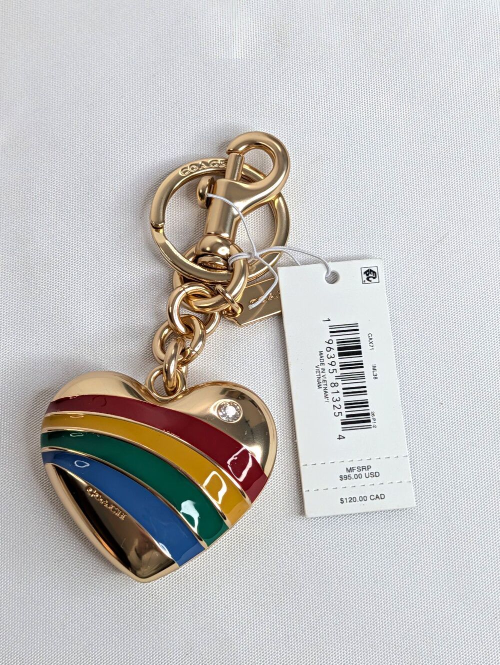 Coach Rainbow Heart Metal & Enamel Bag Charm Keychain Fob CAX71 Brass Multi, NWT